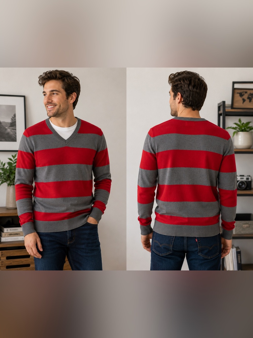 Old Navy Red Gray Striped V-Neck Sweater L Freddy Krueger Inspired Halloween